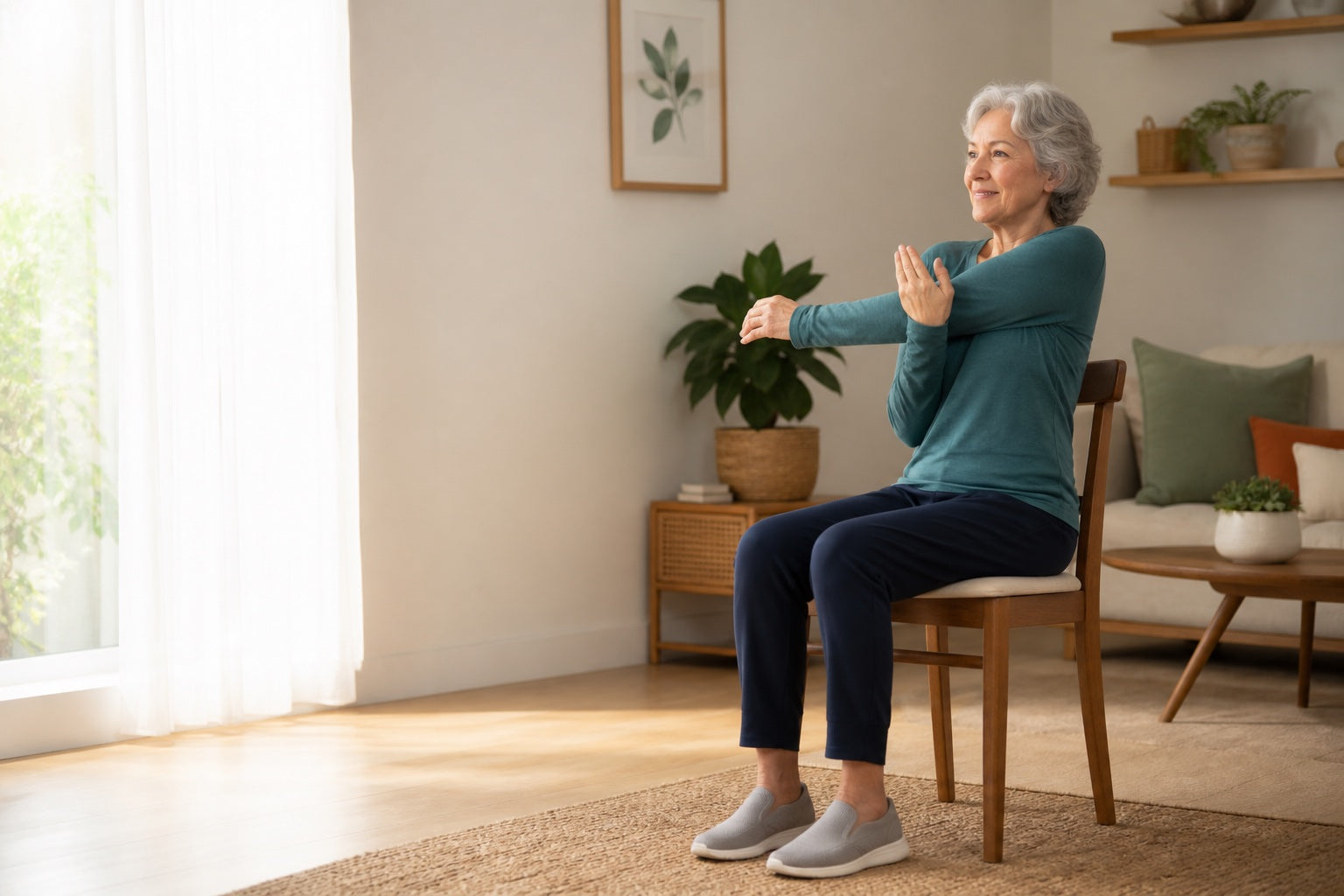 Older woman following a gentle seated mobility routine at home